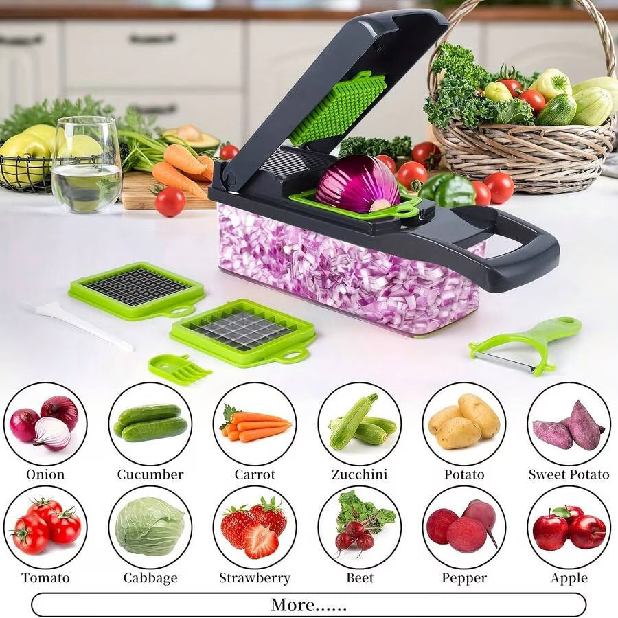 16-In-1 Vegetable Chopper with Container, Multifunctional Onion Dicer Slicer, 8 Blades, Green & Black