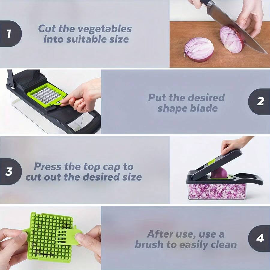 16-In-1 Vegetable Chopper with Container, Multifunctional Onion Dicer Slicer, 8 Blades, Green & Black