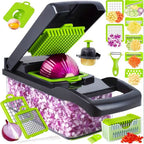 16-In-1 Vegetable Chopper with Container, Multifunctional Onion Dicer Slicer, 8 Blades, Green & Black