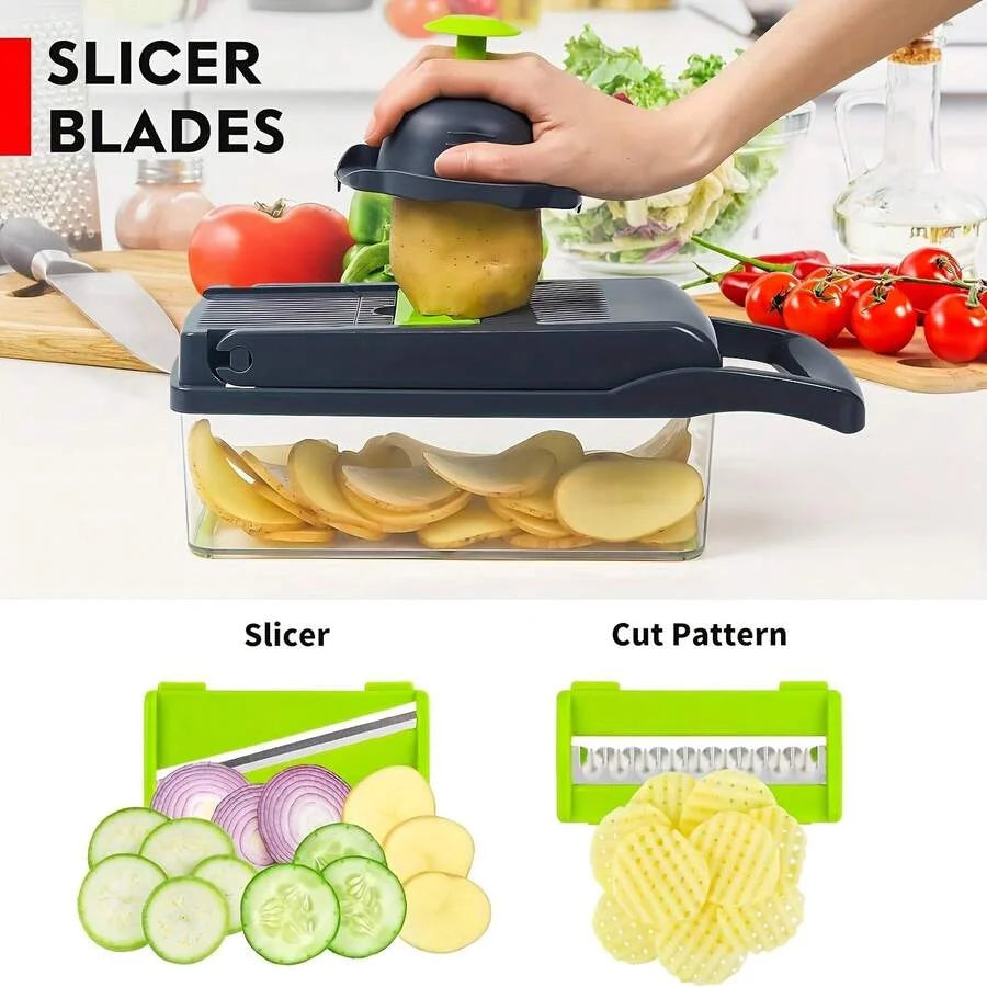 16-In-1 Vegetable Chopper with Container, Multifunctional Onion Dicer Slicer, 8 Blades, Green & Black