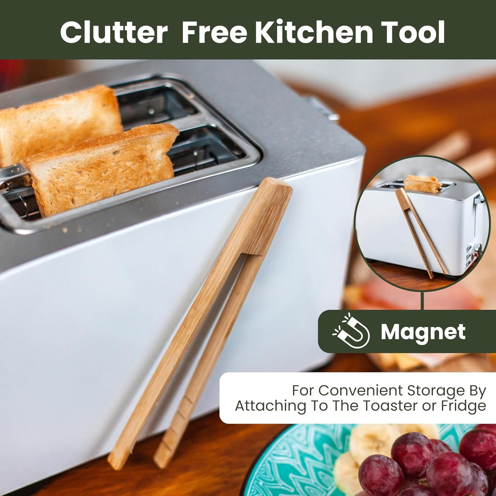 Bamboo Toaster Tongs with Magnet – 8 Inch