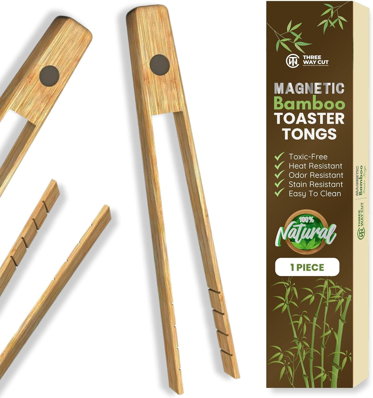 Bamboo Toaster Tongs with Magnet – 8 Inch