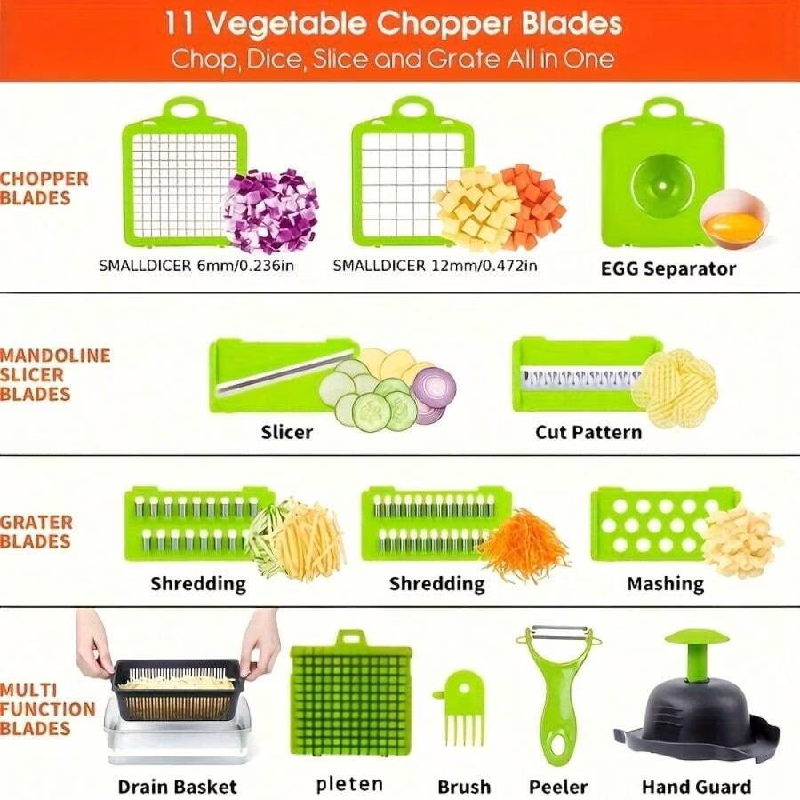 16-In-1 Vegetable Chopper with Container, Multifunctional Onion Dicer Slicer, 8 Blades, Green & Black