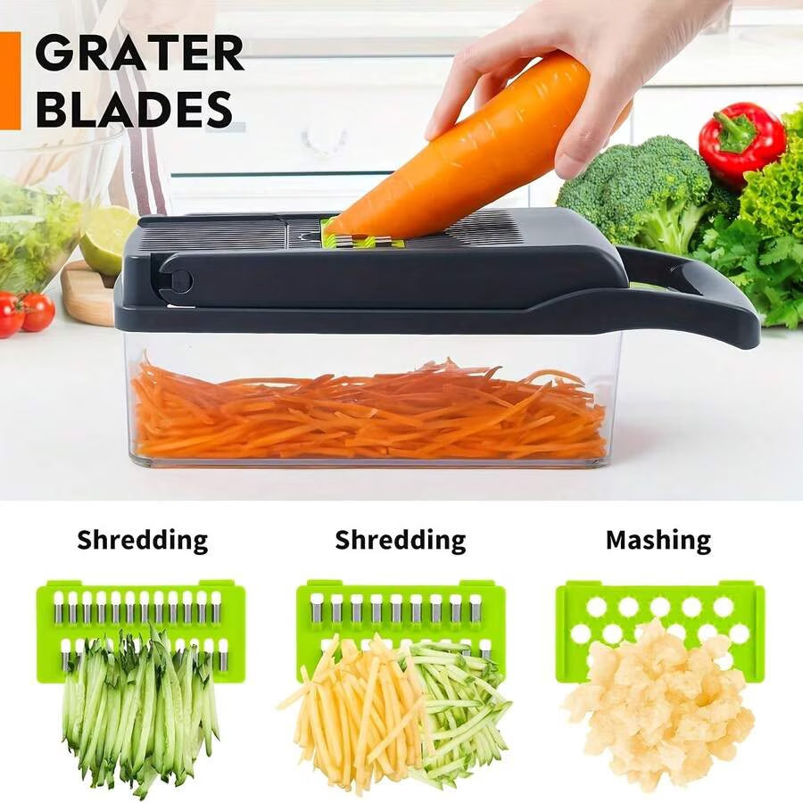 16-In-1 Vegetable Chopper with Container, Multifunctional Onion Dicer Slicer, 8 Blades, Green & Black