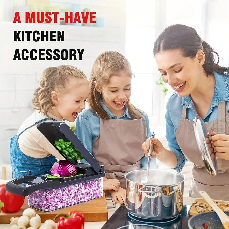 16-In-1 Vegetable Chopper with Container, Multifunctional Onion Dicer Slicer, 8 Blades, Green & Black