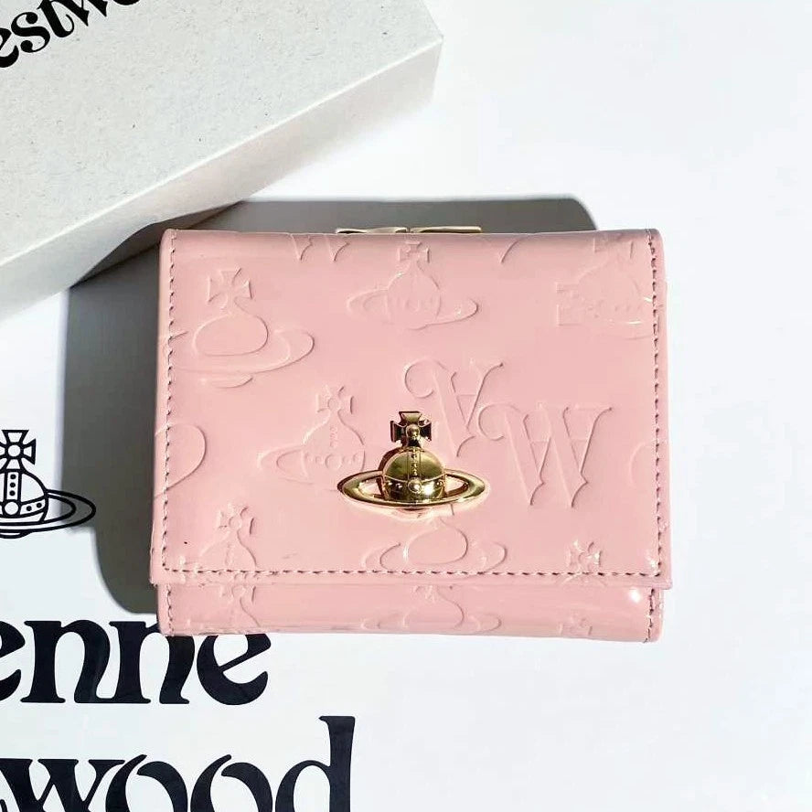 Vivienne Westwood Gamaguchi Trifold Wallet Pink Patent Leather Gold Orb