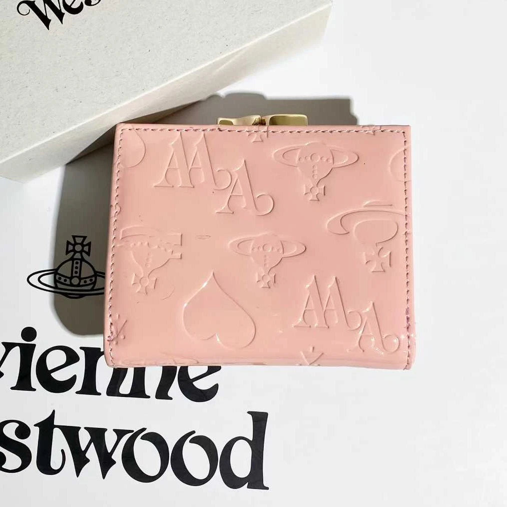 Vivienne Westwood Gamaguchi Trifold Wallet Pink Patent Leather Gold Orb