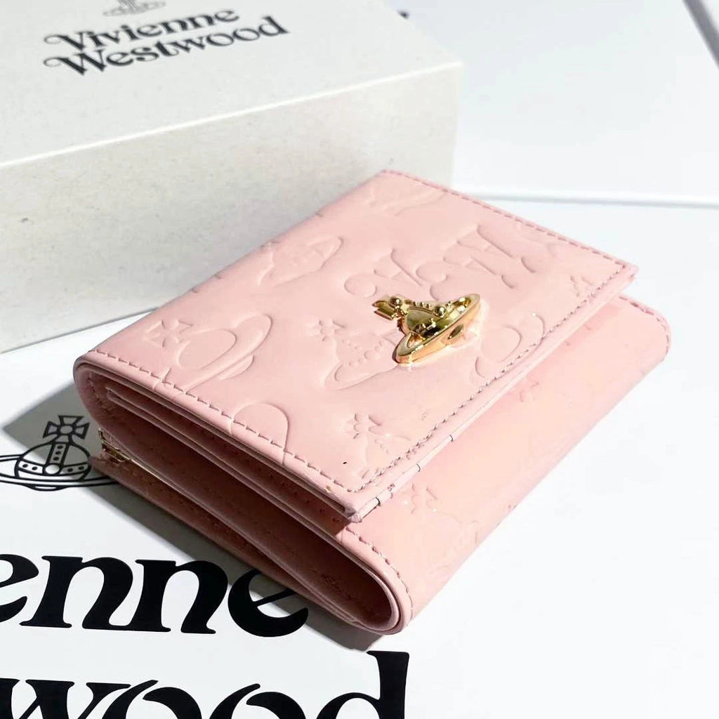 Vivienne Westwood Gamaguchi Trifold Wallet Pink Patent Leather Gold Orb