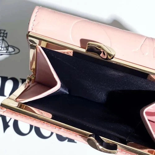 Vivienne Westwood Gamaguchi Trifold Wallet Pink Patent Leather Gold Orb