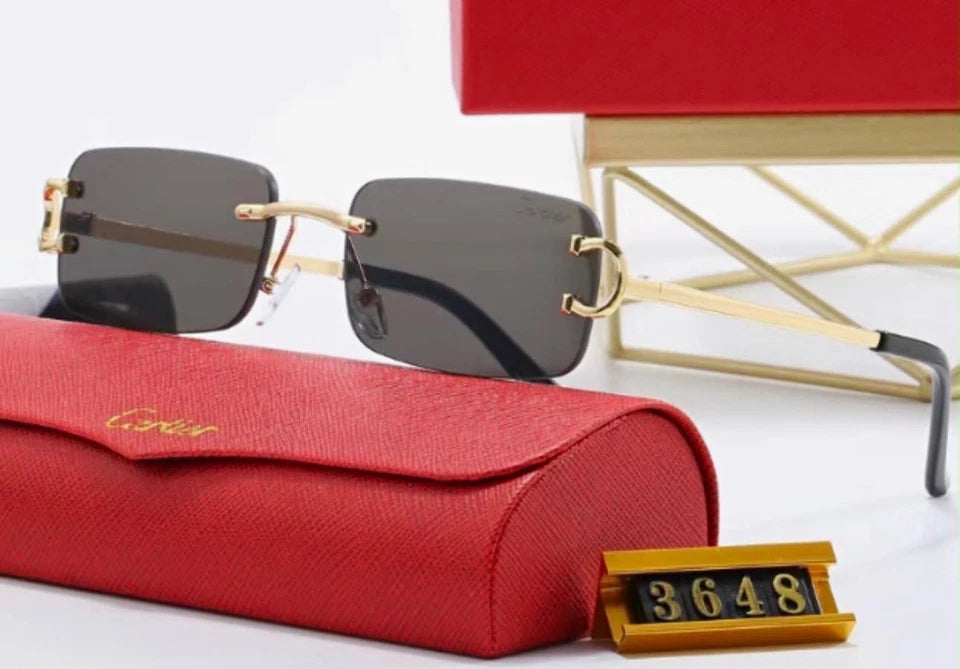 Cartier Rimless Rectangle Sunglasses Gold Metal Black Tinted UV400 135